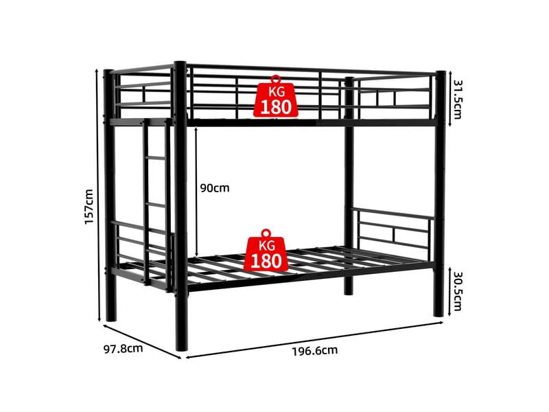  Lit superposé métal 2 x 90 x 190 cm, convertible en 2 lits simples, avec échelle et garde-corps, noir  - Conforama C