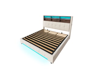 Lit coffre 180x200 cm, lit double, rangement hydraulique, led, velours beige, usb et usb-c
