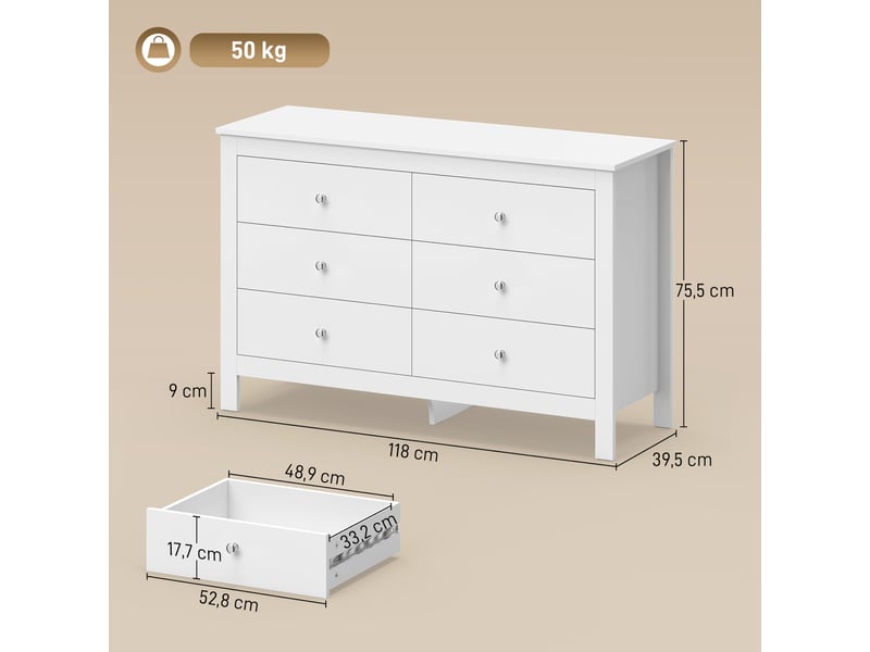  Commode à 6 tiroirs, buffet avec glissières à fermeture douce pour chambre, salon ou entrée, 118 x 39,5 x 75,5 cm, blanc  - Conforama E