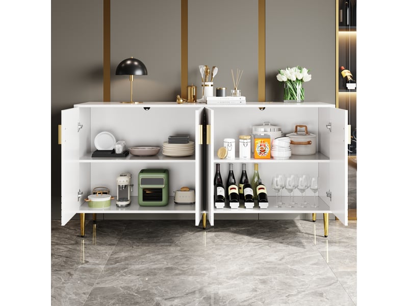  Buffet bas blanc à 4 portes effet vague, poignées et pieds dorés, 152x40x75 cm  - Conforama D