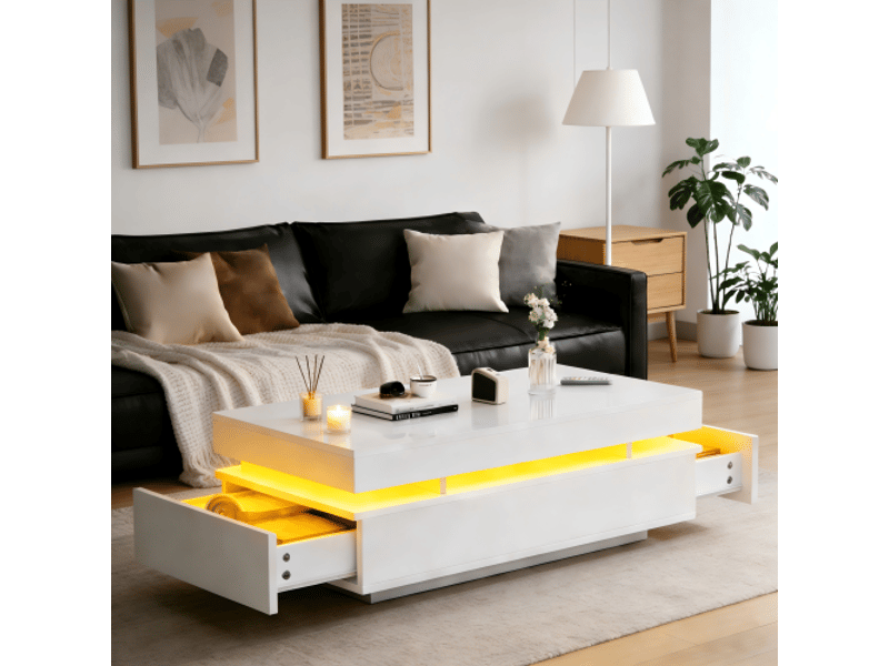 Table basse blanche brillante 100 x 50 x 35 cm avec led, 2 tiroirs, table de salon moderne multifonction  - Conforama D