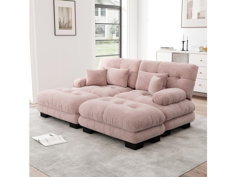  Canapé d'angle modulaire 220x145x81 cm 2 places, rose, avec coussins et 2 ottomans  - Conforama B