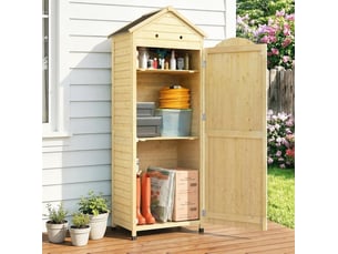 Armoire de jardin haute en bois, toit galvanisé, porte magnétique, 2 étagères réglables, 85x58x213 cm