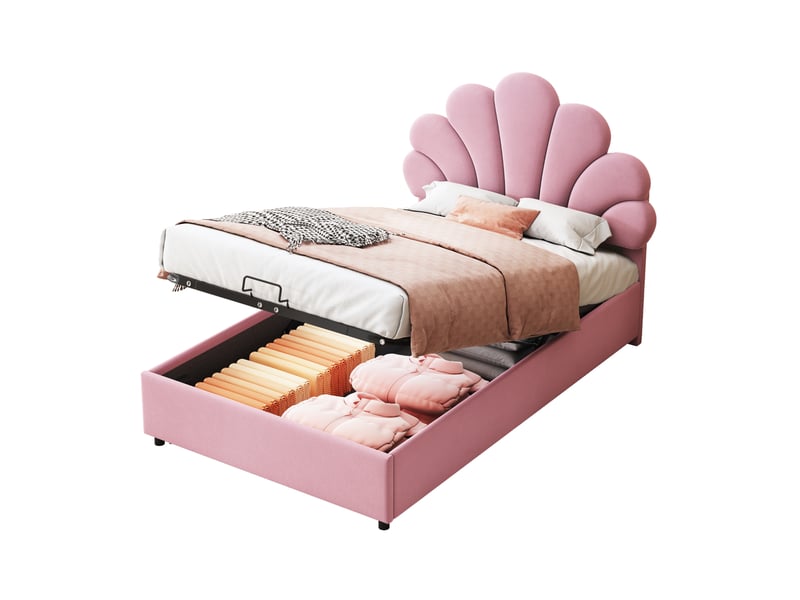  Lit coffre enfant 90 × 200 cm 1 place avec rangement hydraulique et tête de lit réglable, sans matelas, rose  - Conforama A