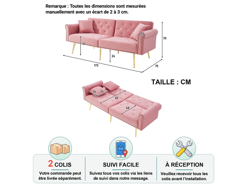  Canapé convertible 2 places à double dossier réglable 3 positions, coussins et pieds en métal doré, velours rose, 147×85 cm  - Conforama D