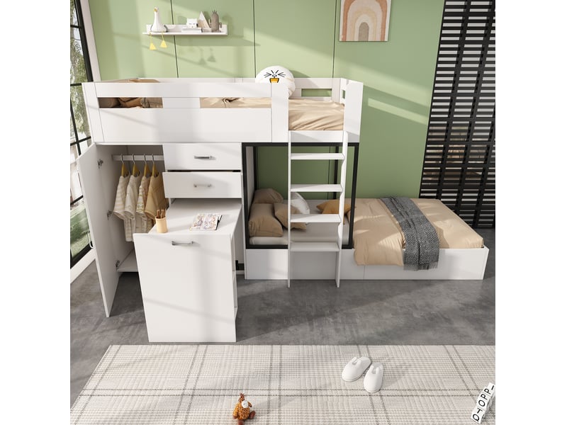  Lit superposé, 90x200 cm, mobilier enfant, avec bureau escamotable, garde robe, matelas non inclus, mdf, coloris blanc  - Conforama D