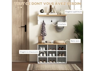 Ensemble meuble d'entrée 2-en-1 porte-manteau mural banc à chaussures 3 crochets et 9 niches blanc et chêne 75x30x50cm