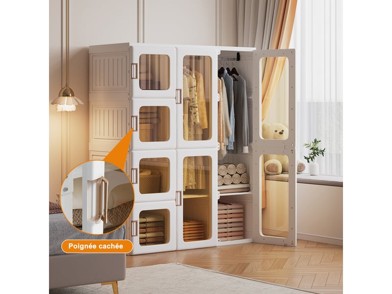  Armoire de rangement pliable en pp,12 compartiments + 2 tringle, portes transparentes pet,pour chambre,blanc,104x50x136 cm  - Conforama E