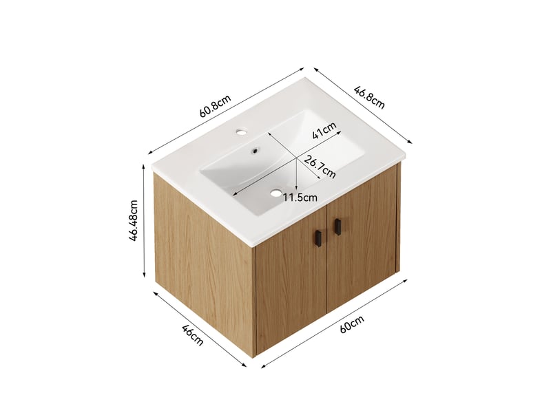  Meuble de salle de bain 60 cm à 2 portes à fermeture douce - lpospi - rangement mdf - chêne clair  - Conforama D