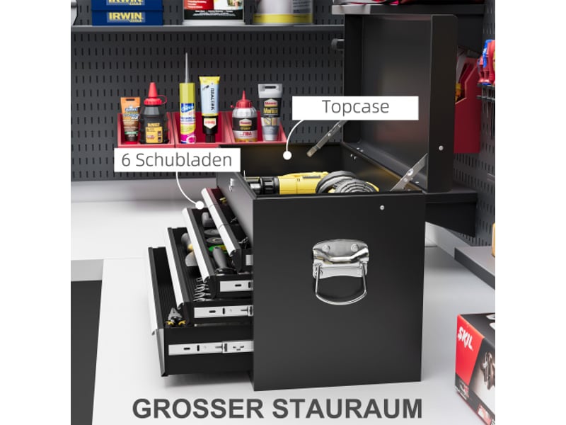  Caisse à outils en acier rouge et noir 60 × 26 × 34 cm, 6 tiroirs, serrure et poignée, rangement sécurisé  - Conforama D