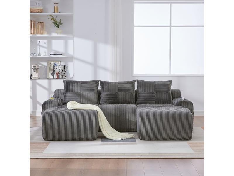  Canapé modulaire 3 places 268x174x80 cm confortable porte-gobelet poche latérale velours côtelé gris foncé  - Conforama D