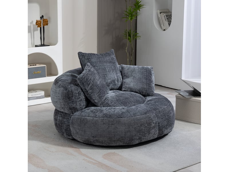 Fauteuil pouf xl 108 x 108 x 52 cm, avec dossier haut et accoudoirs, chenille gris, ergonomique, garnissage en mousse - Conforama E