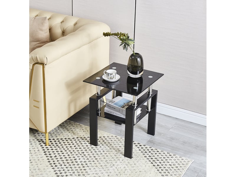 Table basse lot de 2 avec 2 niveaux de rangement en verre trempé et pieds métalliques noirs pour salon 45 × 45 × 52 cm - Conforama D