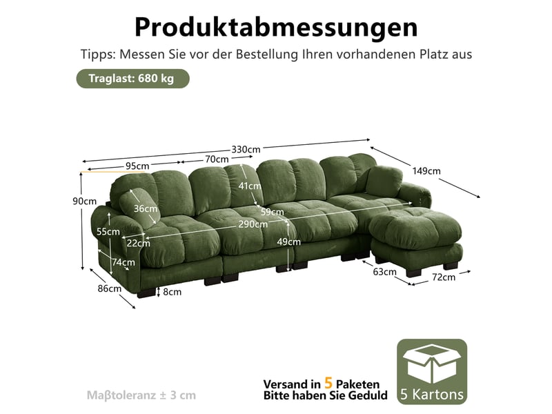 Canapé d’angle modulable 4 places avec ottomane mobile - lpospi - coussins matelassés, chenille vert - Conforama D