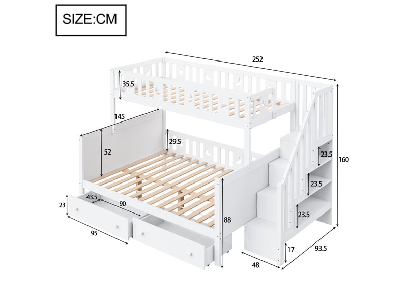  Lit superposé enfant 200×90 cm et 200×140 cm avec escalier de rangement et 2 tiroirs, sans matelas, blanc  - Conforama D