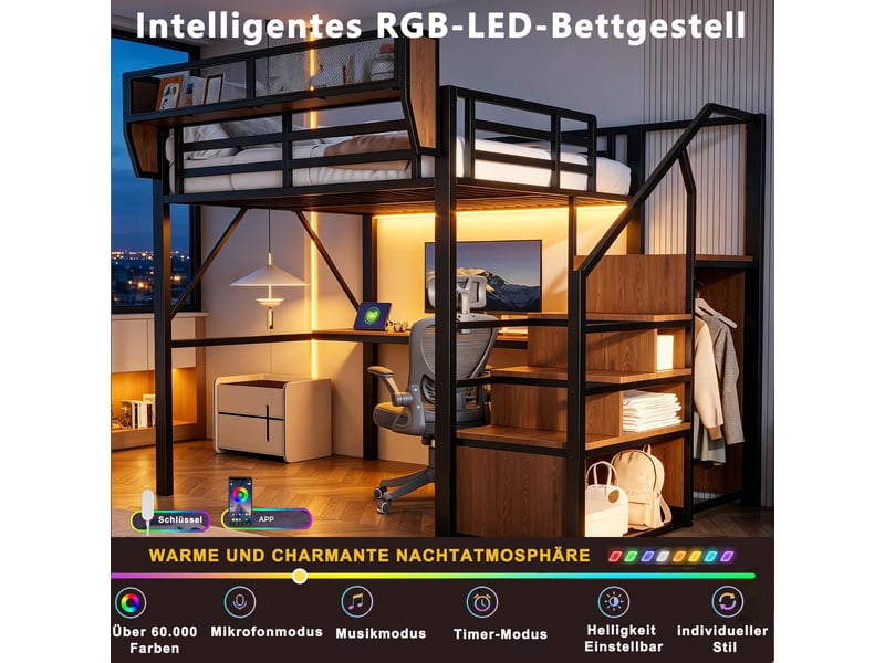 Lit mezzanine 140x200 cm avec bureau 2 m - rangement flexible - échelle de sécurité - led et prises - noir  - Conforama D