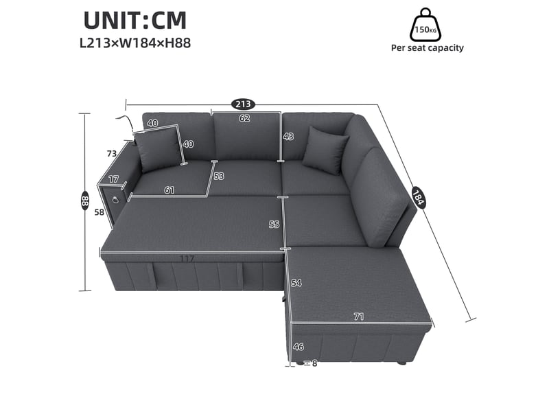  Canapé d'angle 213x184x88cm, table rabattable, ports usb, lampe de lecture, pouf, pouf de rangement, matière lin, gris  - Conforama C