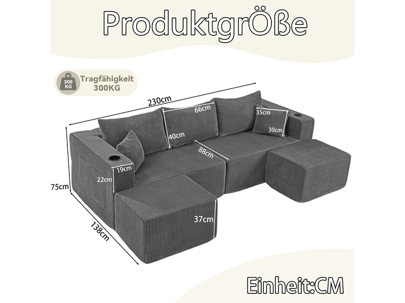 Canapé d’angle modulable 3 places avec ottomans mobiles - porte-gobelets, velours côtelé gris - Conforama D