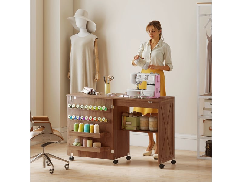 Table de couture pliable mobile 2 bacs 18 porte-bobines étagère bois - Conforama B
