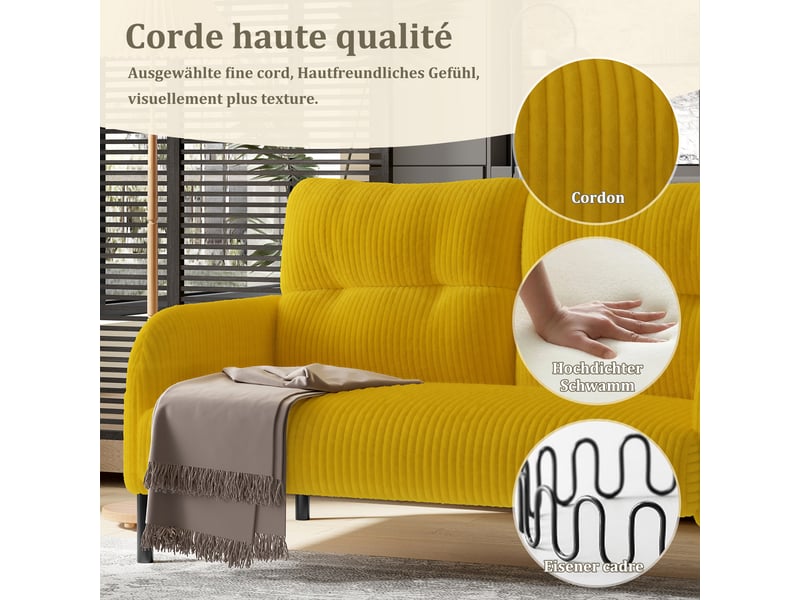  Canapé droit 2 places en velours côtelé jaune 120 x 75 x 79 cm avec poches latérales, salon bureau chambre 120x75x79cm - Conforama D