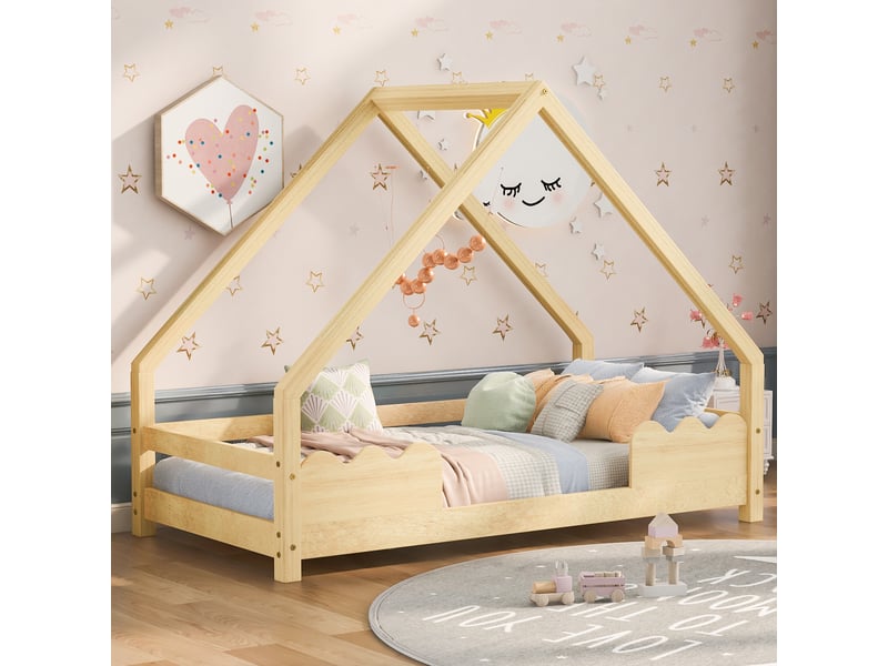  Lit cabine 90x200 cm avec sommier à lattes, lit simple en bois massif, beige, lit enfant  - Conforama A