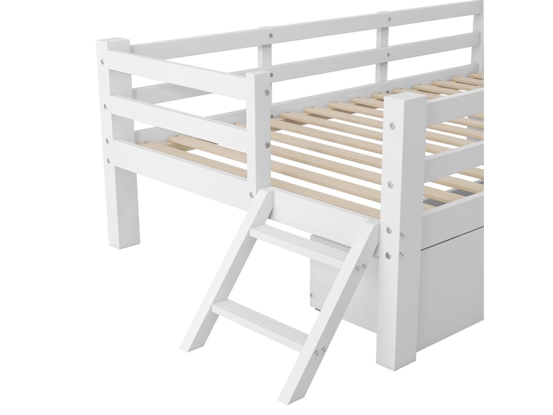  Lit enfant plateforme 90x200 avec barrières 2 tiroirs pin mdf blanc OPULERANE TRADING LTD - Conforama D