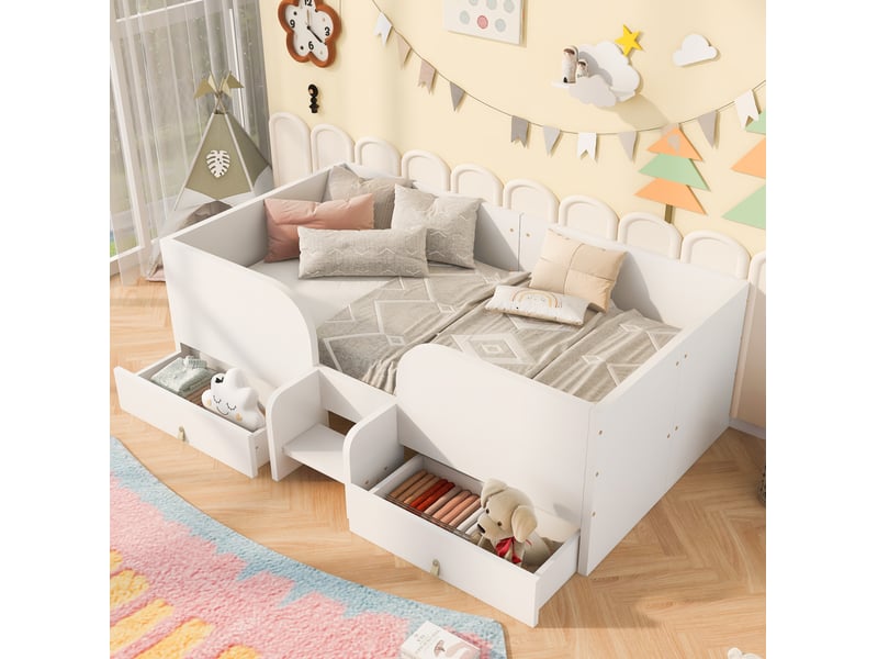  Lit enfant 90x200 cm avec 2 tiroirs et petite échelle de sécurité blanc  - Conforama D