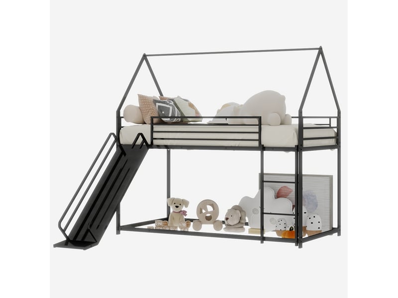  Lit superposé enfants 90x190cm maison avec toboggan garde-corps solide métal 1 sommier noir sans matelas  - Conforama R