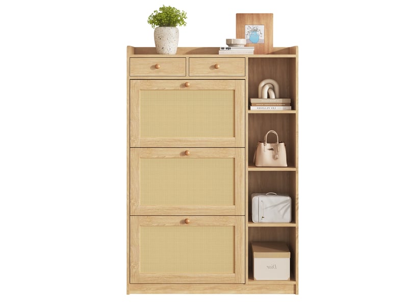  Meuble à chaussures étroit 90x24x130 cm avec 3 portes abattantes rotin et 2 tiroirs, couleur naturel  - Conforama A