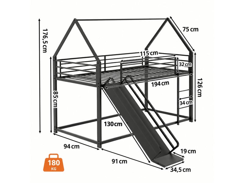 Lit superposé enfant avec toboggan 90 x 190 cm - structure cabane en métal noir  - Conforama C