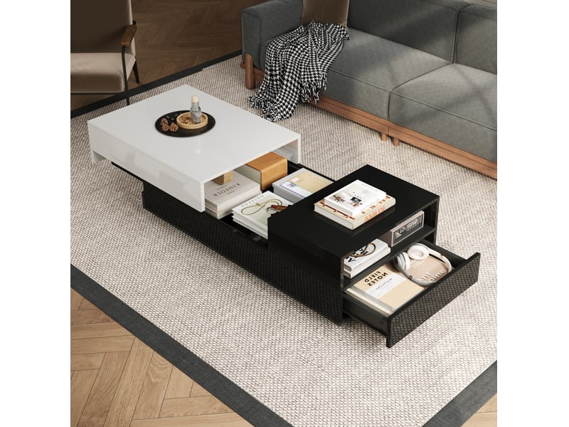  Table basse 100x50x38 cm avec 2 tiroirs en panneau de particules, blanc et noir  - Conforama B