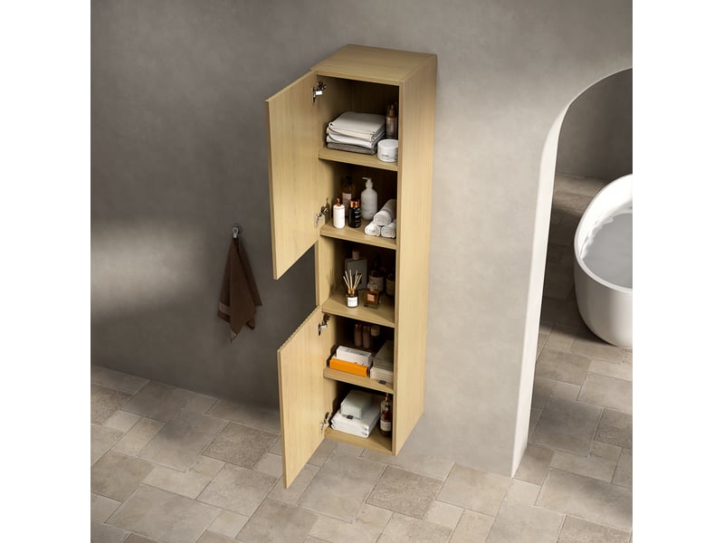 Armoire murale de salle de bain avec 2 portes, niche ouverte et étagères réglables, en contreplaqué chêne doré - Conforama C