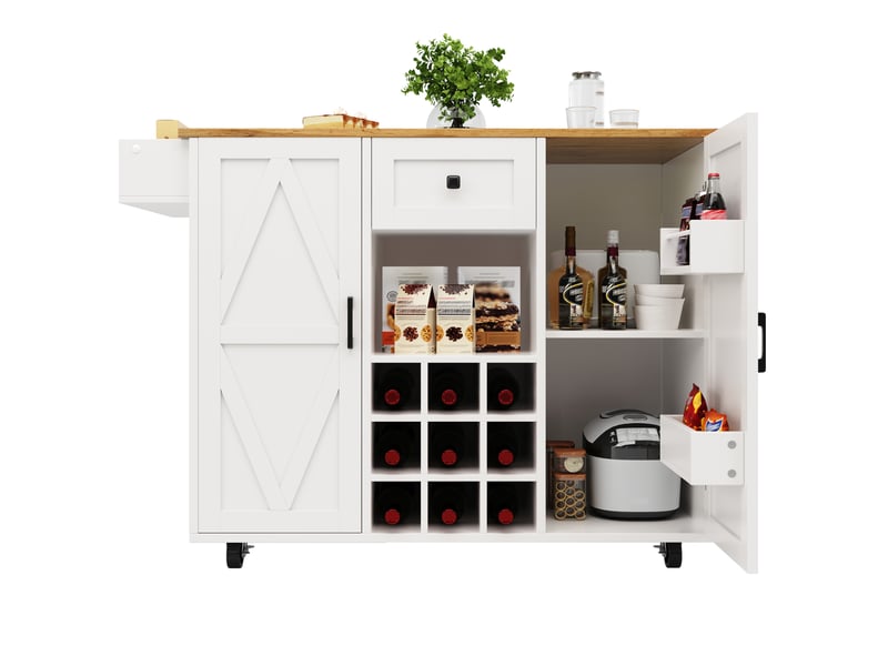  Desserte de cuisine blanche 137,5 cm avec plateau rabattable, rangements et roulettes  - Conforama A