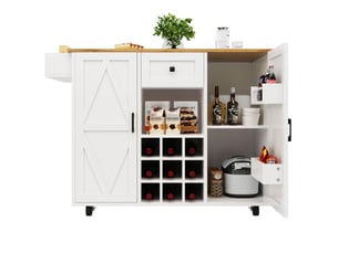 Desserte de cuisine blanche 137,5 cm avec plateau rabattable, rangements et roulettes