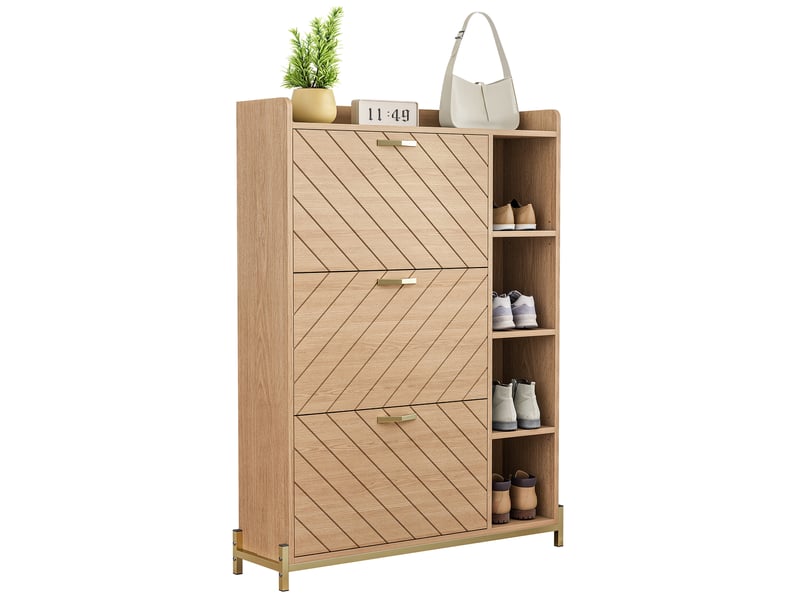 Meuble à chaussures à 3 portes abattantes avec étagères latérales ouvertes pour entrée en mdf naturel 90 × 24 × 119 cm - Conforama A