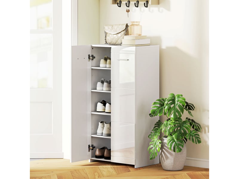  Meuble à chaussures 10 paires, armoire à chaussures à haute brillance 5 niveaux, étagères réglables, 55x36x108cm, blanc  - Conforama B