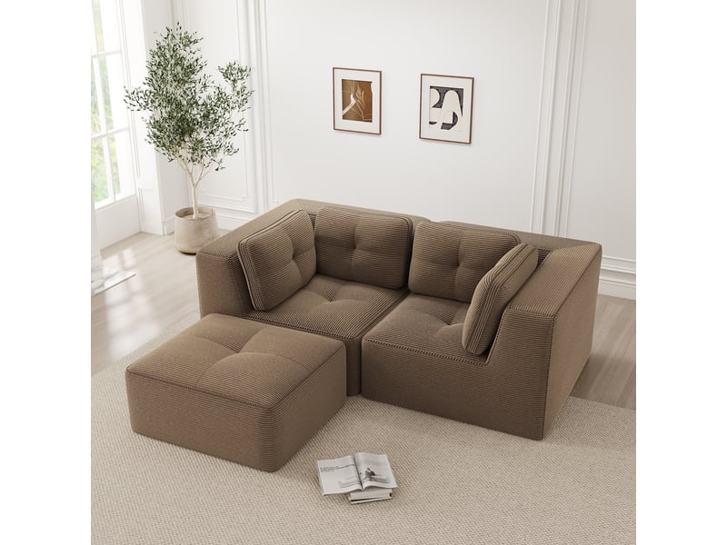  Canapé d'angle, canapé modulable – sans cadre, en velours tricoté, 2 places, marron, avec repose-pieds  - Conforama A