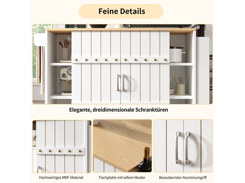  Desserte de cuisine avec 2 portes coulissantes, 3 tiroirs, plateau rabattable et roulettes pour cuisine, 110×42×90 cm  - Conforama E