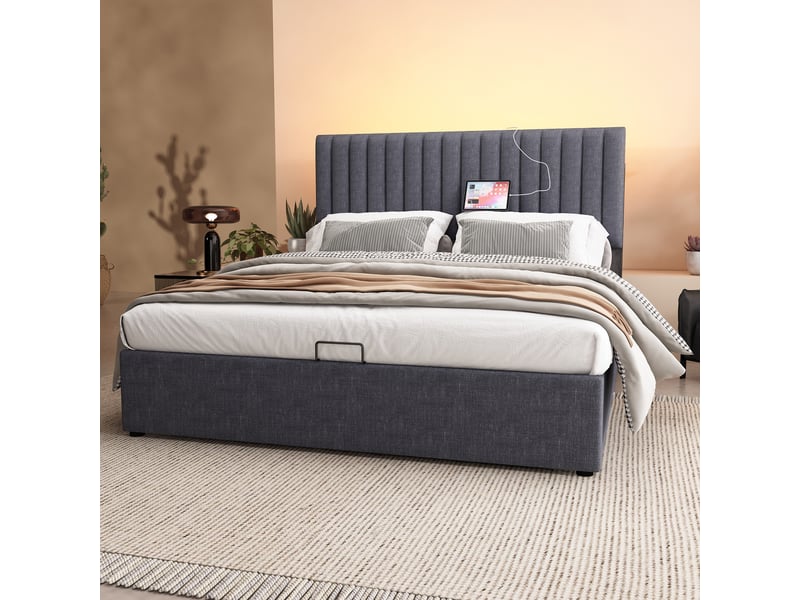  Lit avec rangement en lin gris 160 x 200 cm  - Conforama B