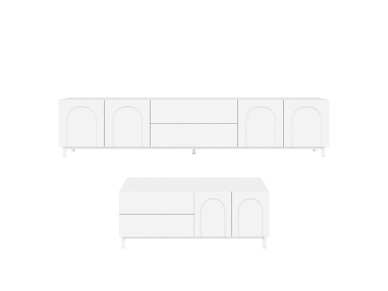  Meuble tv rangement meuble de salon ensemble et table basse portes aux formes arrondies structure en panneaux de particules et mdf pieds en tubes d'acier combinaison de rangement  - Conforama E