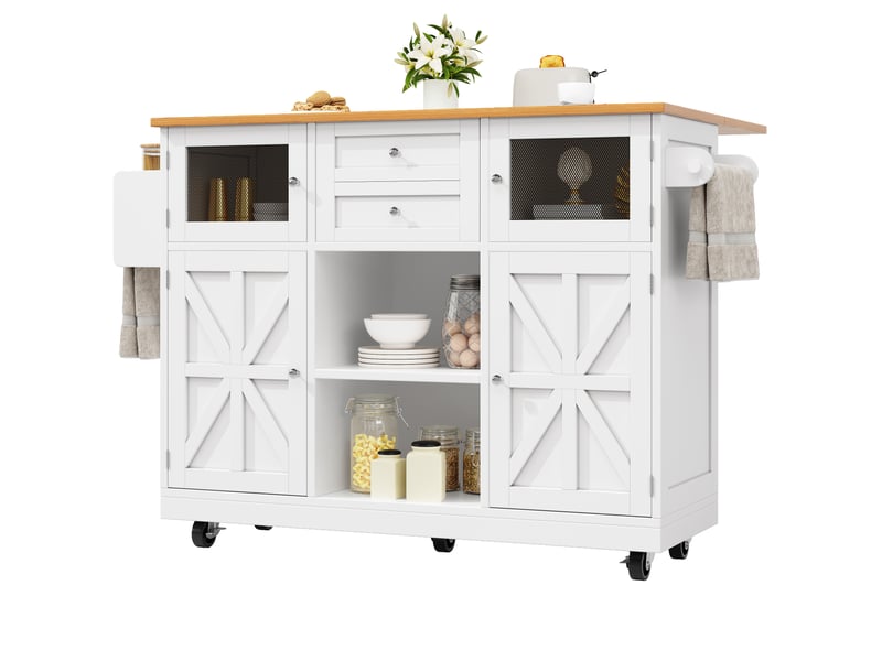 Desserte cuisine, îlot central sur roulettes avec plan de travail, plateau extensible, 2 tiroirs, dimensions 140 x 40 x 93,5 cm, mdf, blanc - Conforama A