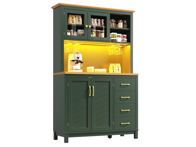 Buffet haut vert 105,5x40x180 cm, meuble de cuisine rangement style campagne, 4 portes, led, porte-bouteilles - Conforama A