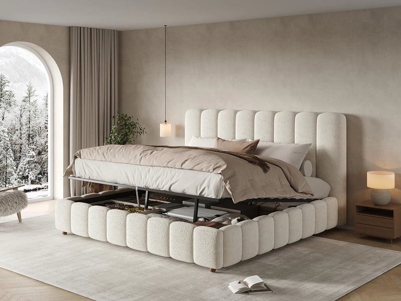  Lit capitonné,200 x 200 cm,lit double avec sommier à lattes, tête de lit et grand rangement,en bouclé,blanc  - Conforama B