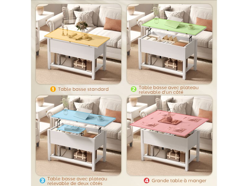  Table basse relevable et extensible avec rangements mdf blanc 100x45x50,5 cm  - Conforama D