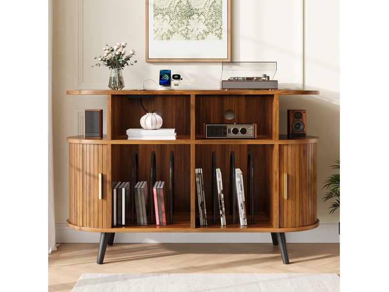  Buffet hifi avec 2 portes coulissantes, 4 niches, passe-câbles et station de charge en mdf noyer 110 × 40 × 76 cm  - Conforama D
