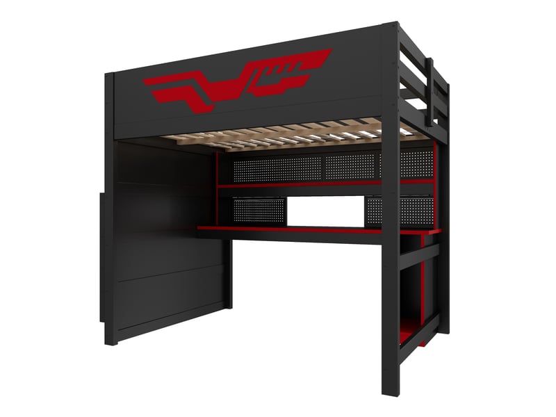 Lit mezzanine gaming 140x200 cm noir, avec bureau, escalier de rangement 4 compartiments, led 7 couleurs, usb, sommier inclus, sans matelas - Conforama E