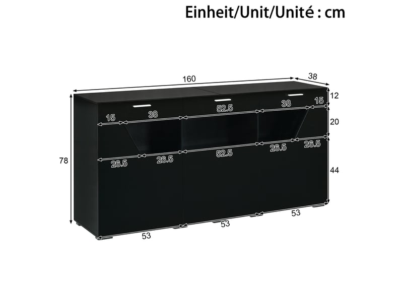 Buffet 160x38x78 cm avec 3 portes led commandée par application panneau de particules couleur noir - Conforama C