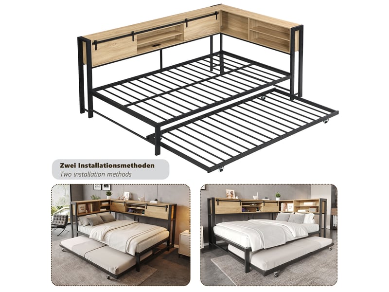 Lit gigogne 120x200 cm + 90x190 cm, rangements tête de lit, port usb, métal noir, sans matelas - Conforama E