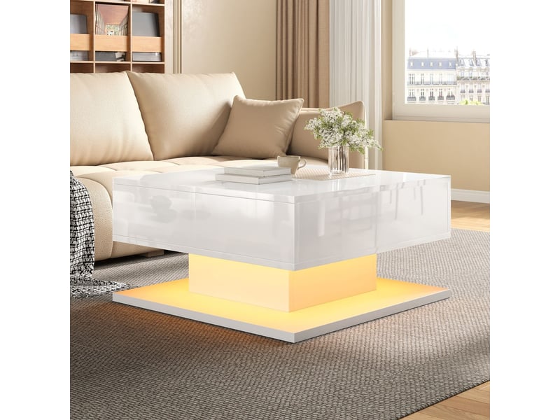  Table basse relevable tiroirs intégrés table basse avec rangement plateau relevable tiroirs éclairage led finition brillante  - Conforama B