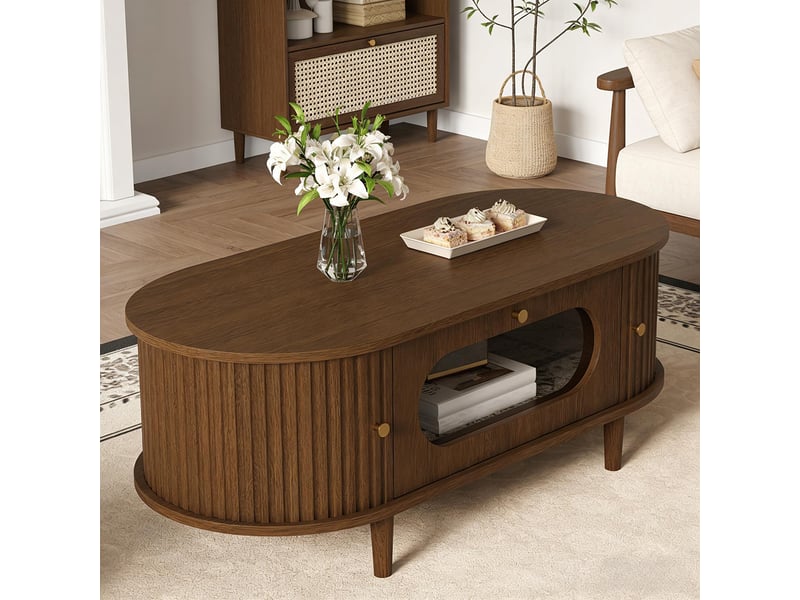 Table basse 100x50x36 cm noyer tiroir porte coulissante 4 pieds table d’appoint salon  - Conforama E